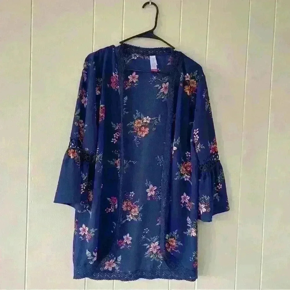 NO BOUNDARIES WOMENS NAVY FLORAL LONG SLEEVE OPEN FRONT CARDIGAN SIZE L (11-13)